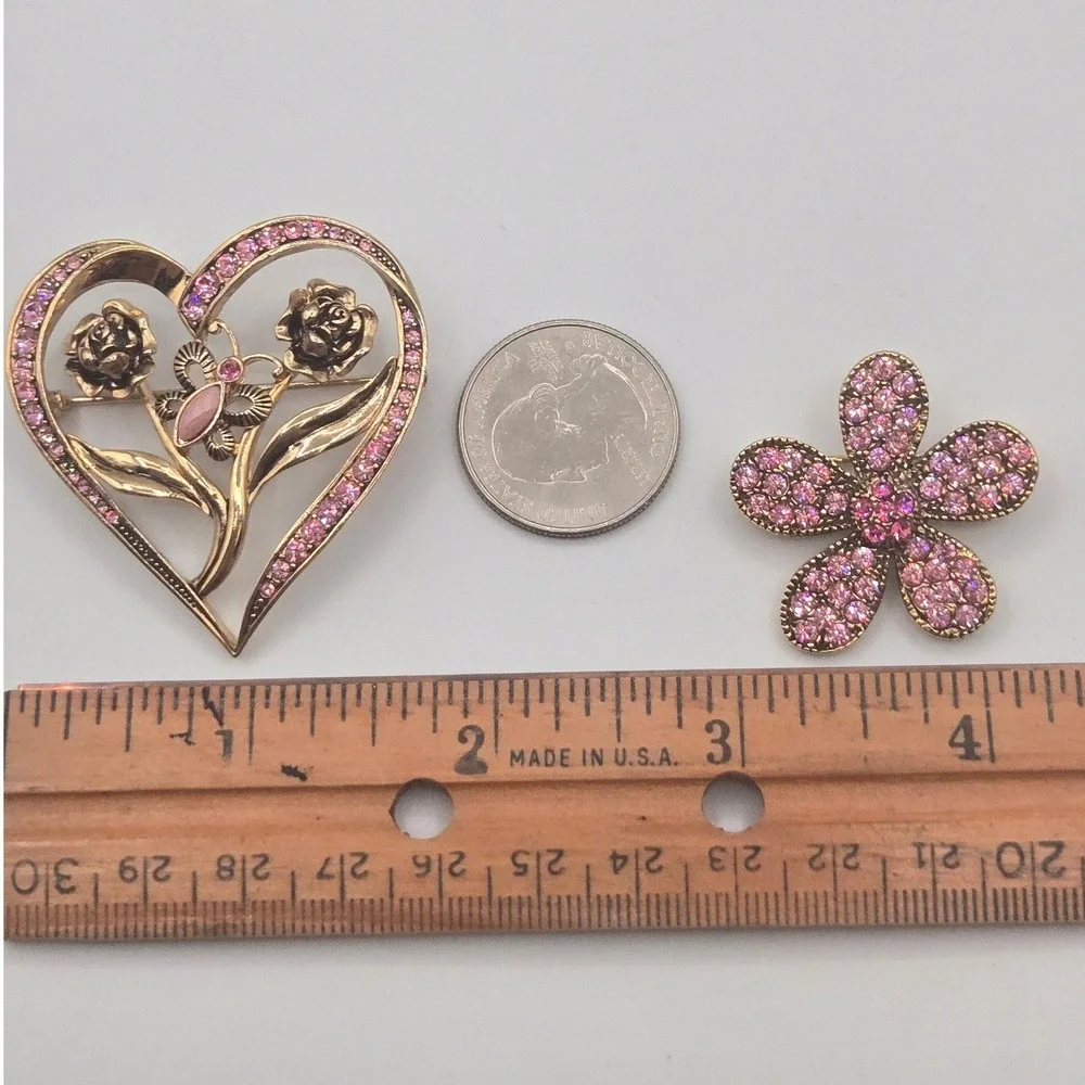 Vintage Rhinestone Brooch Set of‎ 2 Gold Tone Pink Heart Floral Butterfly Pins
